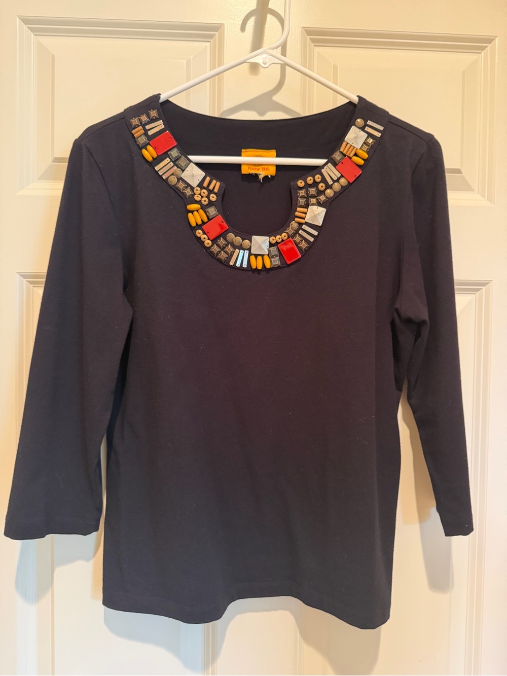 Embellished Black Women's Top with Beaded Neckline